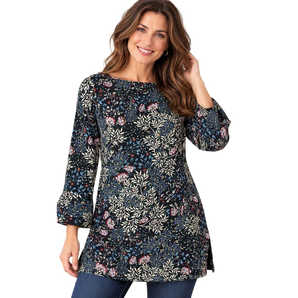 J. Jill Floral Bell Sleeve Top Womens Large Black Green Midnight Vines Tunic